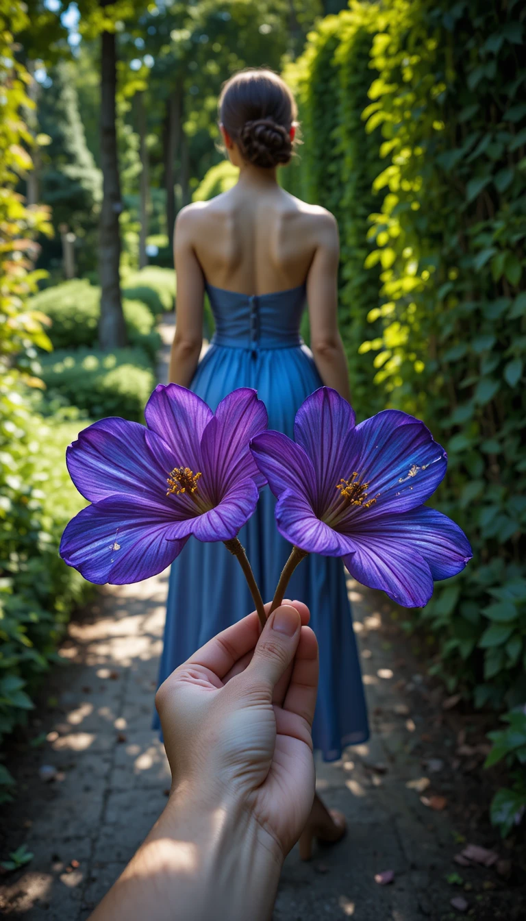 Donna in giardino con prugne che crea una giocosa illusione ottica