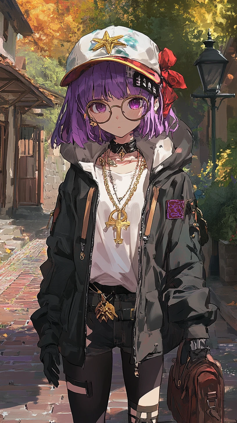 Garota de anime de cabelo roxo com chapéu elegante e joias