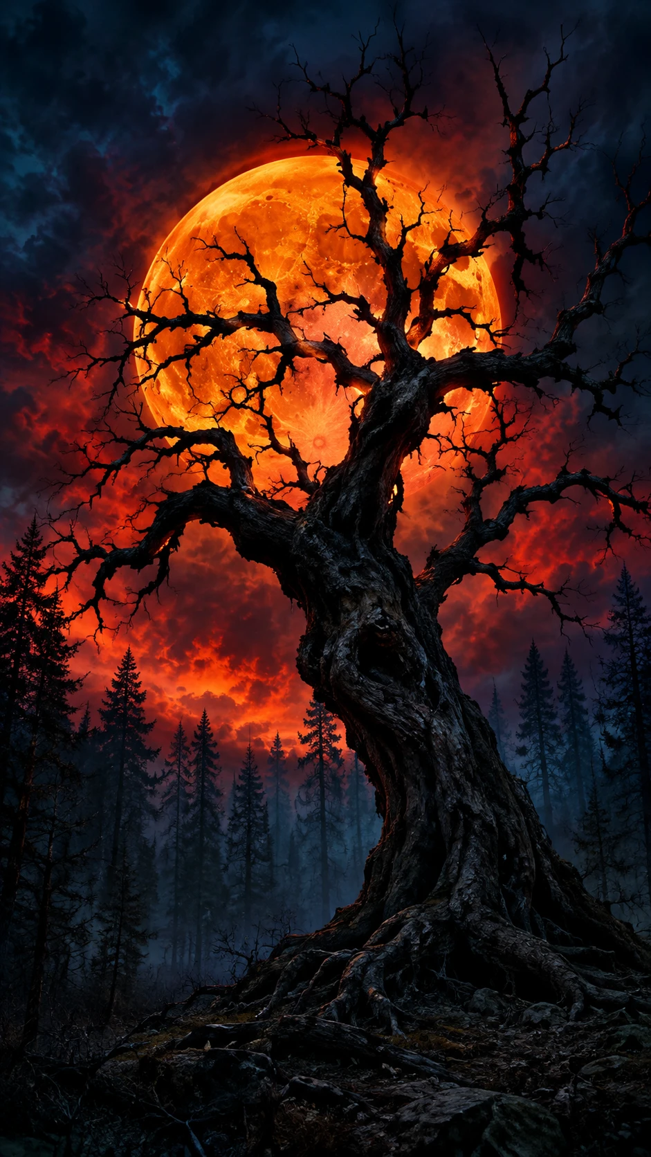 Silhouette di un albero contorto davanti a una luminosa luna piena arancione