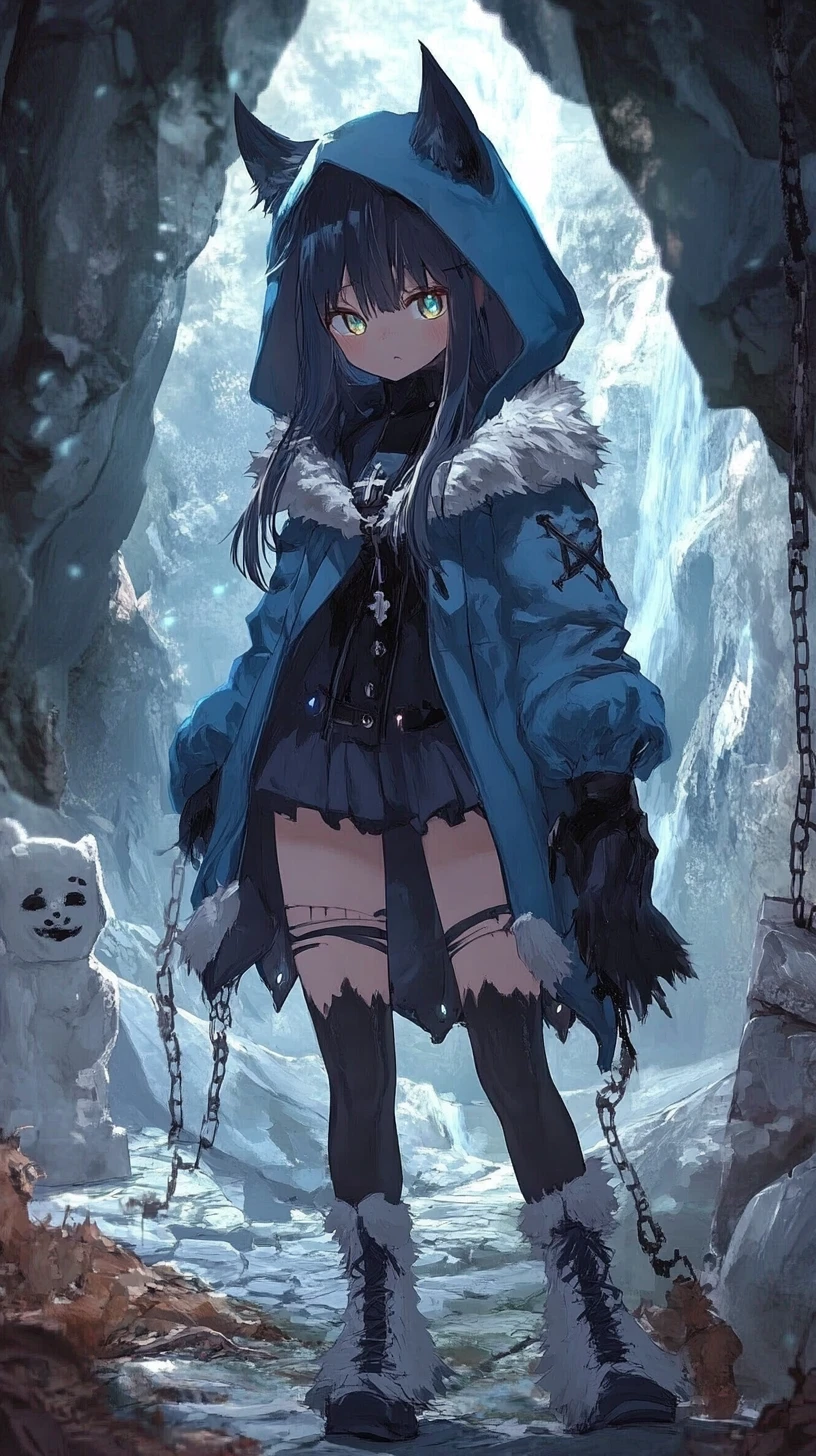 Scarred anime girl in blue hooded coat with golden eyes