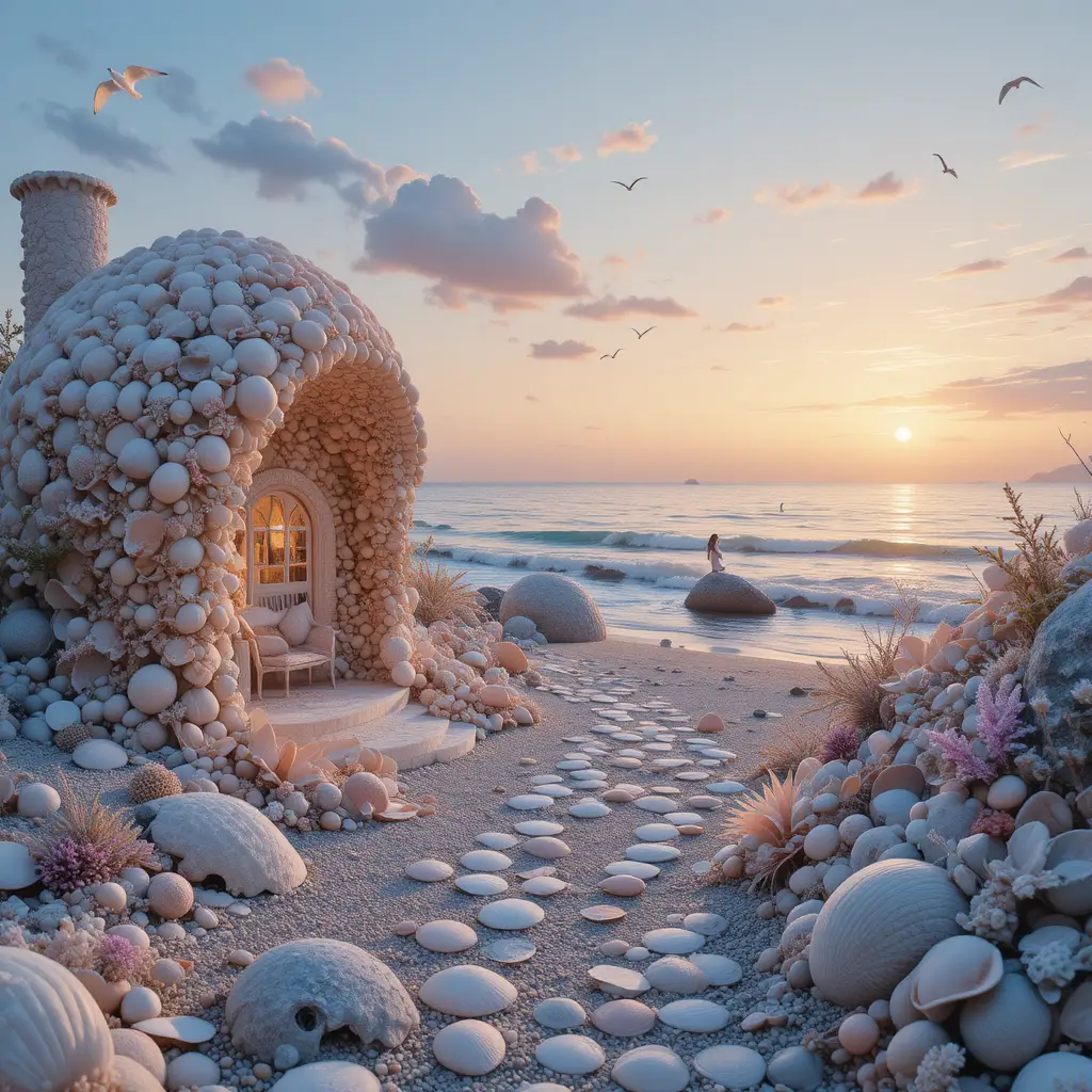 Sognante Cottage di Conchiglie sul Mare al Tramonto