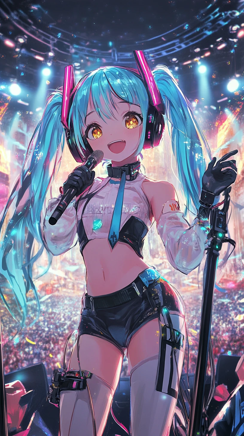 Ragazza anime che canta su un palco da concerto futuristico
