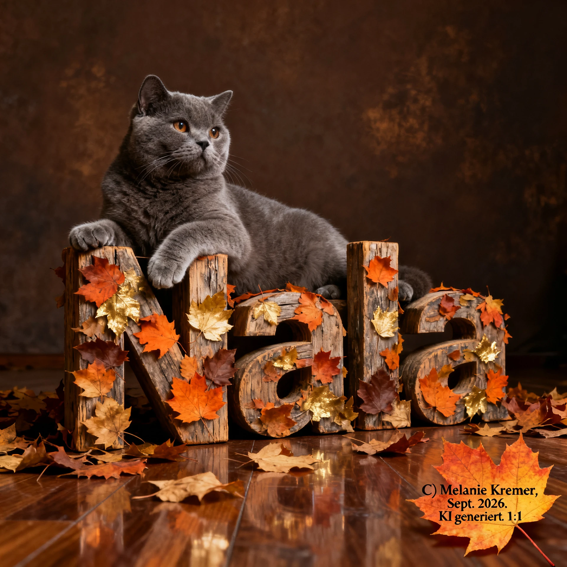Gato British Shorthair descansando sobre letras de madeira Nala