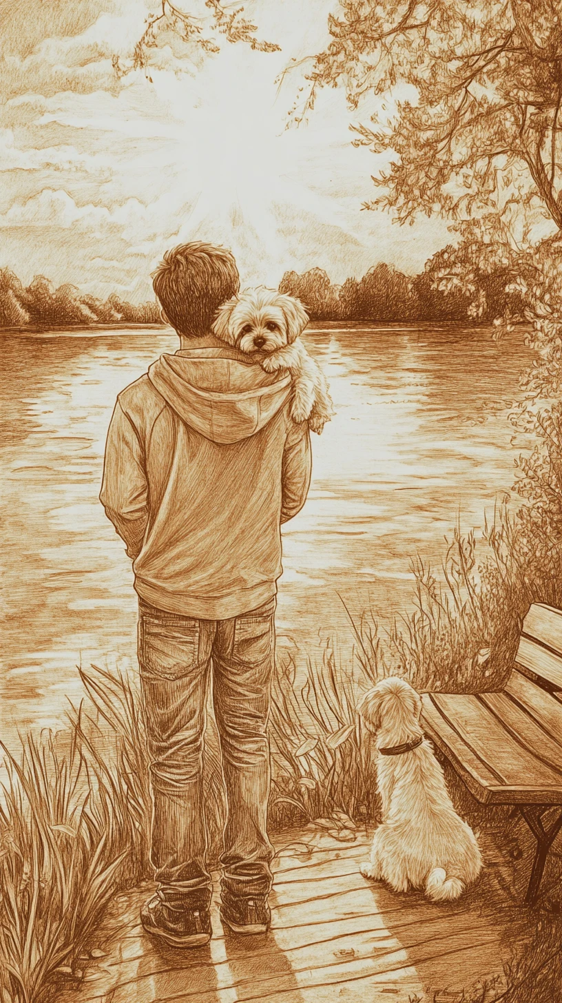 Homem com cachorro pequeno à beira de um lago tranquilo ao pôr do sol