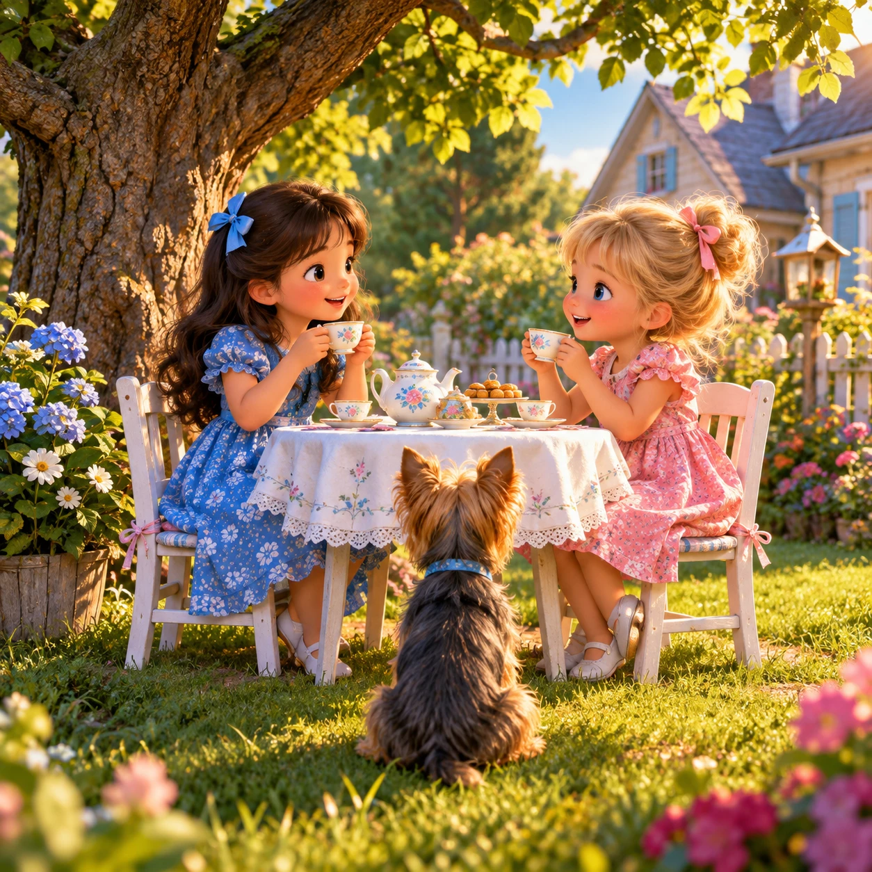 Duas meninas em um chá da tarde no quintal com filhote