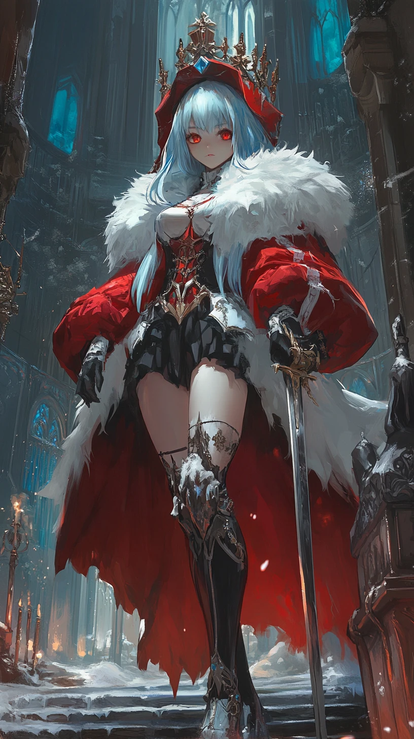 Garota de anime diante de uma colossal estátua de mármore sob uma lua imensa