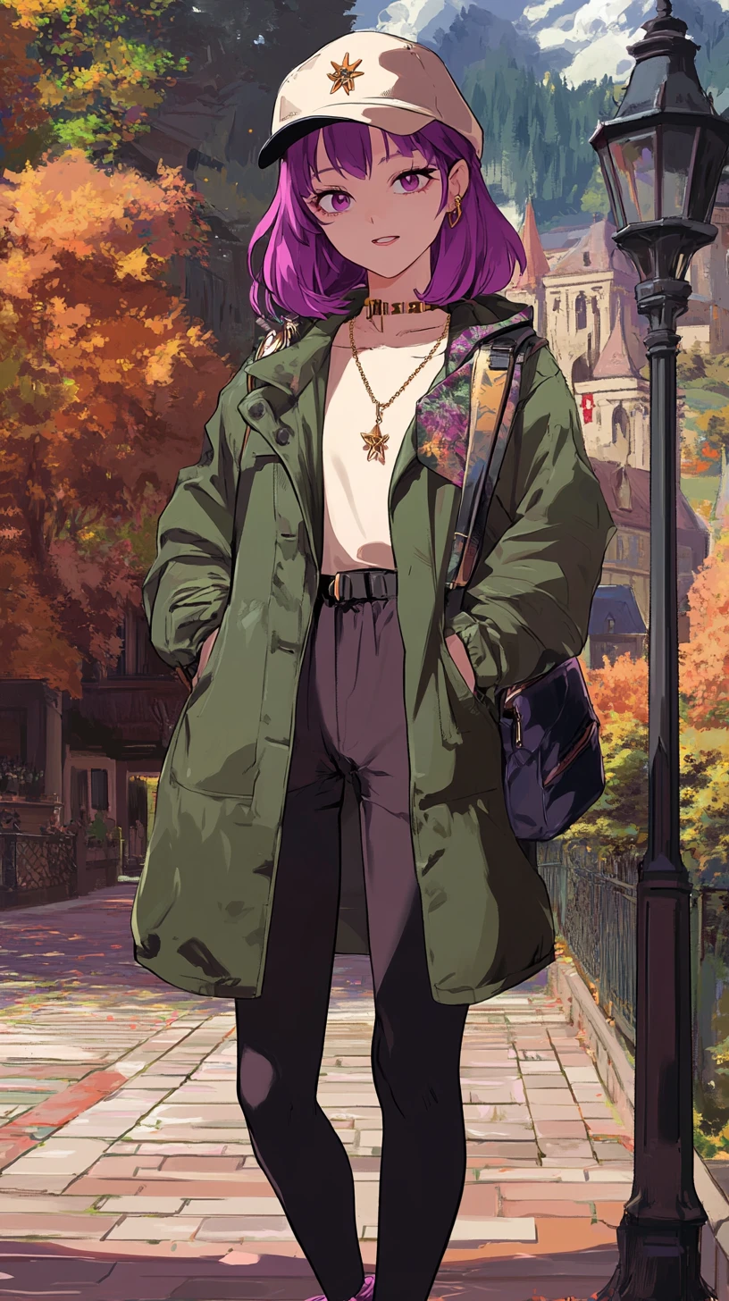 Garota de anime de cabelo roxo com chapéu elegante e joias