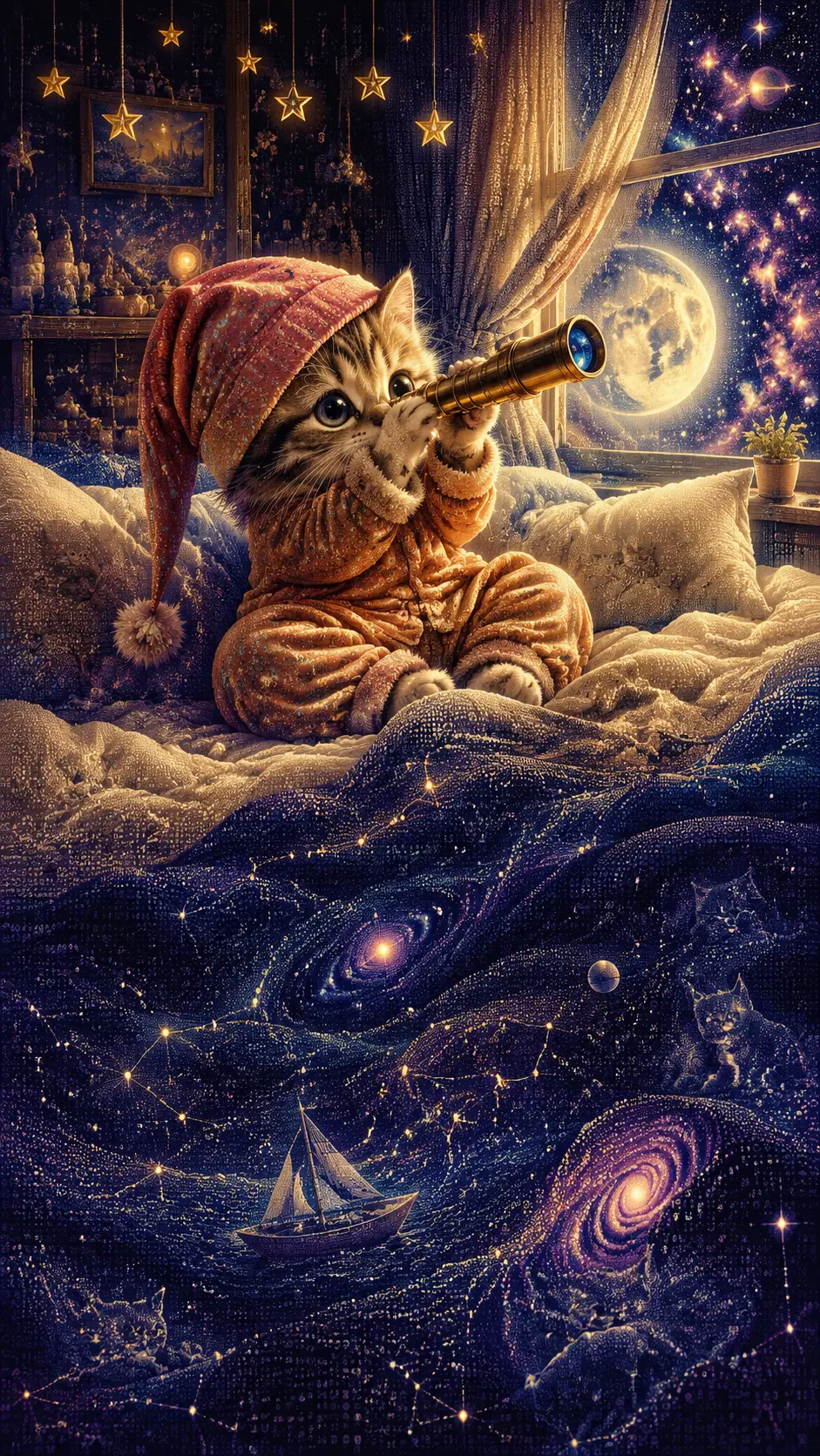 穿著睡衣的可愛小貓在溫馨床上仰望星空
