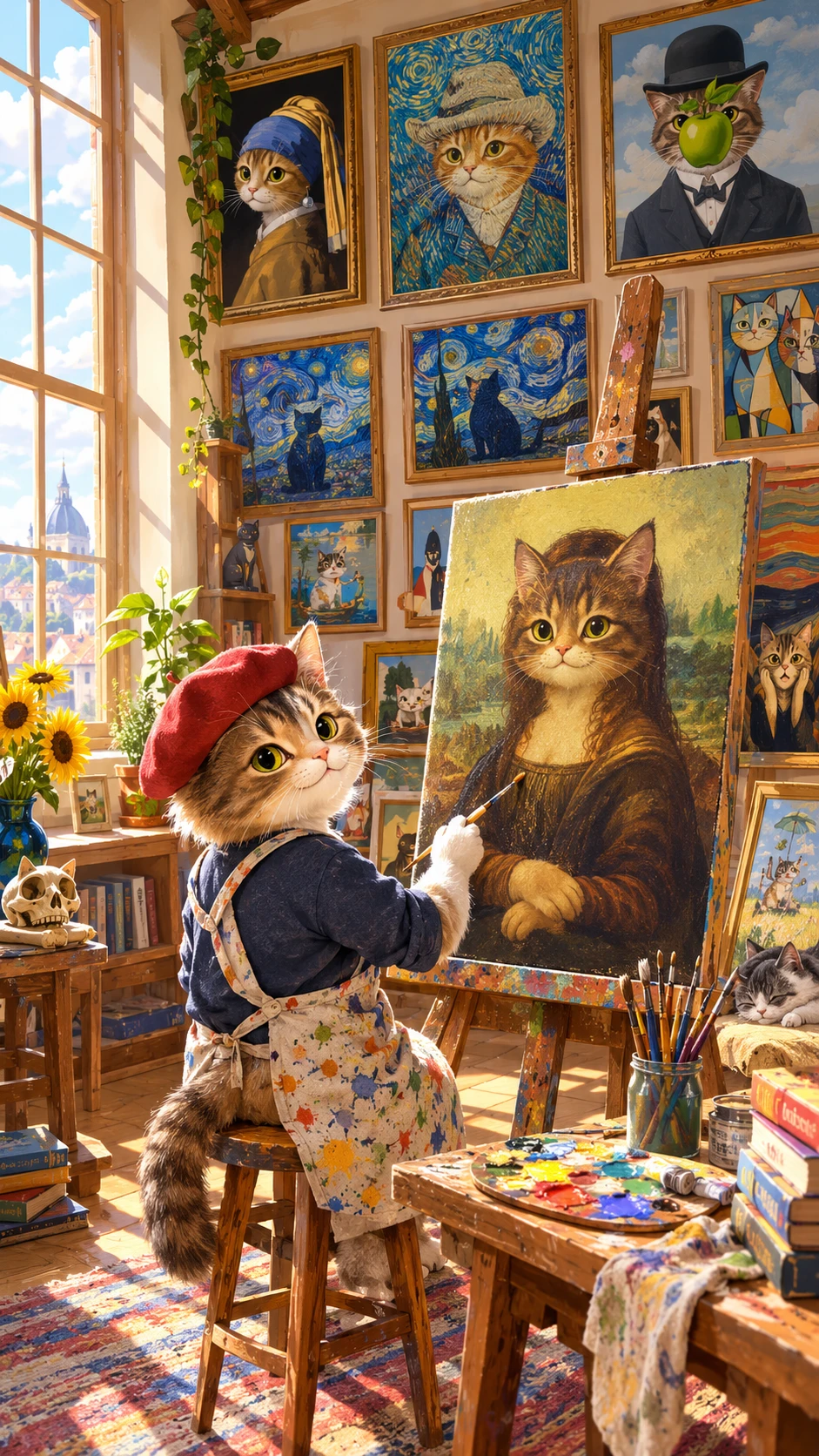 Gato artista antropomórfico pintando uma Mona Lisa felina