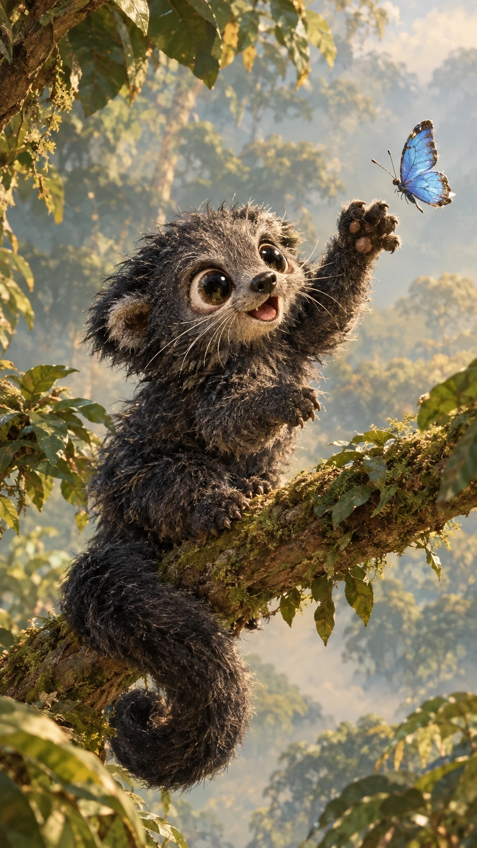Niedlicher Binturong spielt mit blauem Schmetterling in der Baumkrone