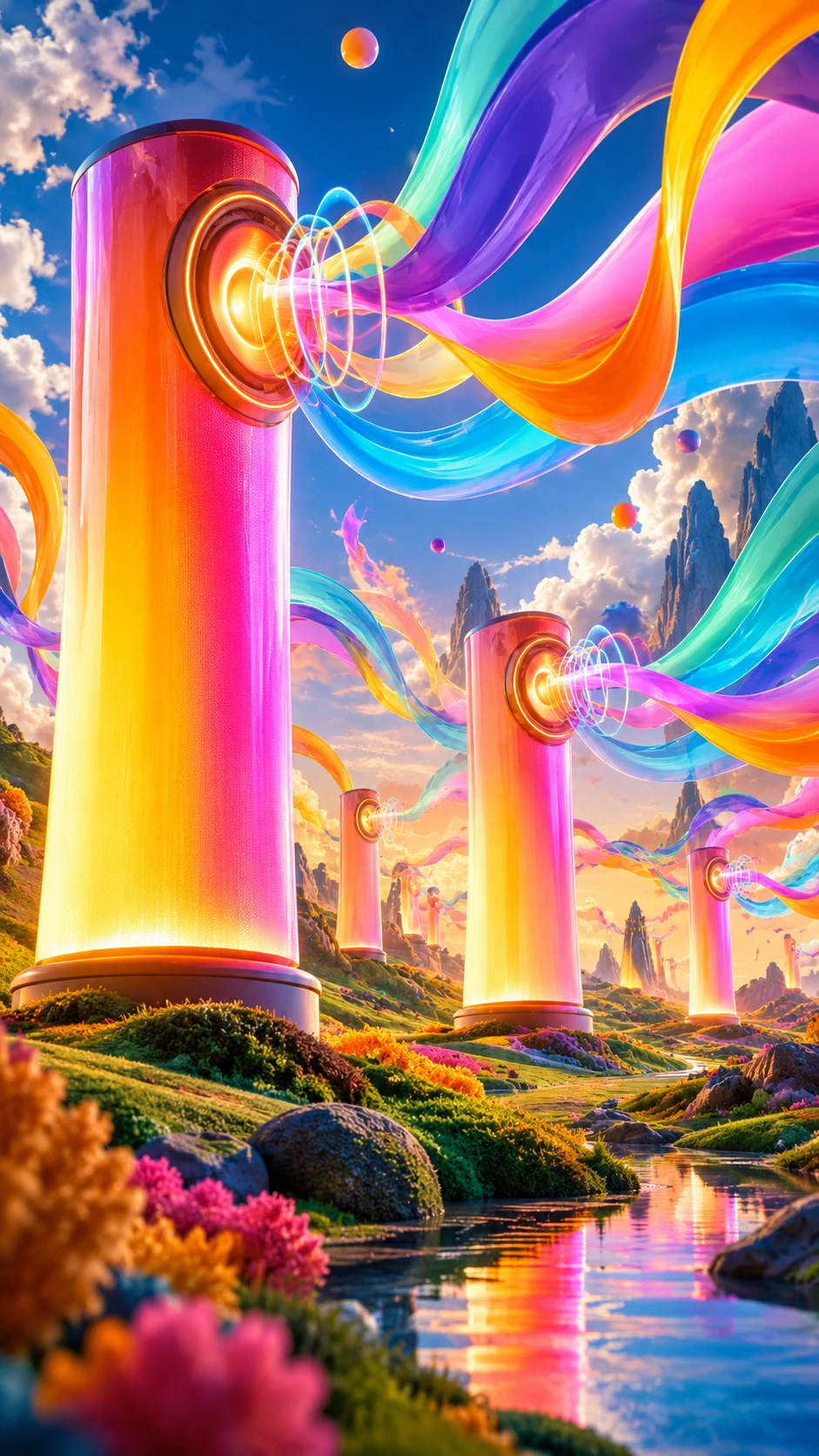 Surreal glowing billboards in a colorful fantasy landscape