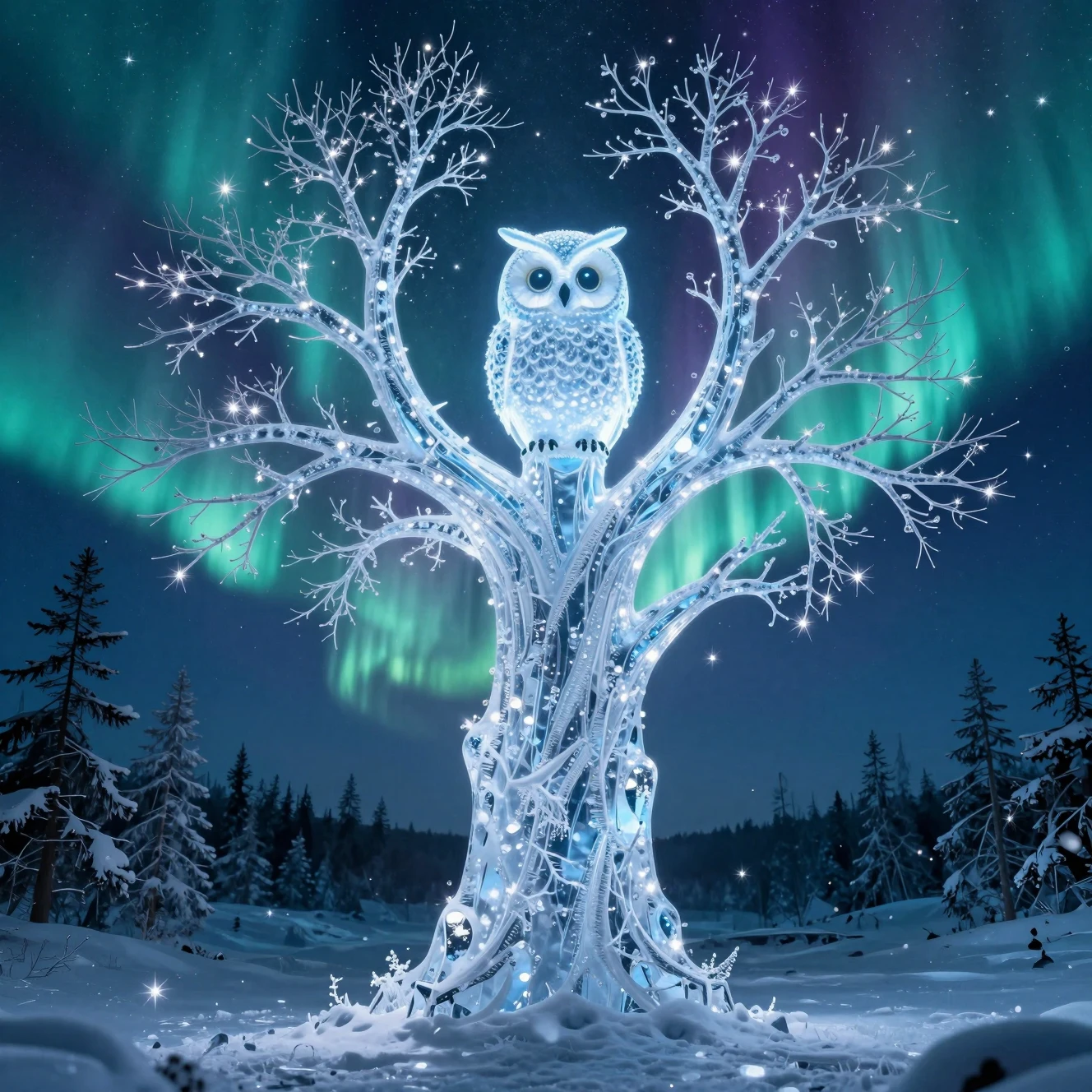 Leuchtende Chibi-Eule auf einem vereisten Baum in der Nacht