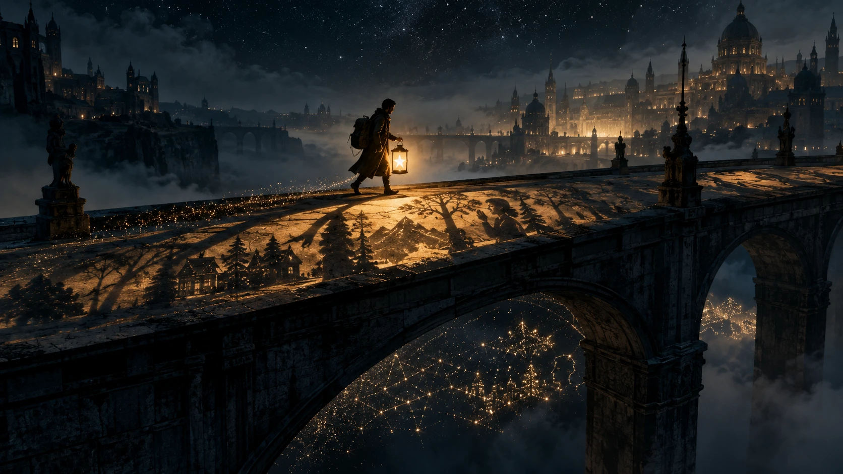 Viaggiatore solitario che attraversa un antico ponte con una lanterna a stella luminosa