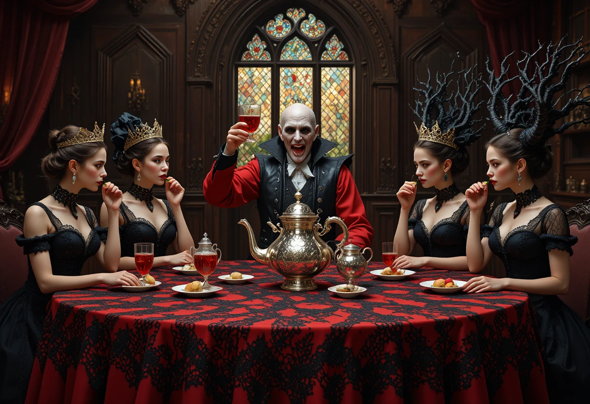 Vampire women share red tea at a gothic royal banquet