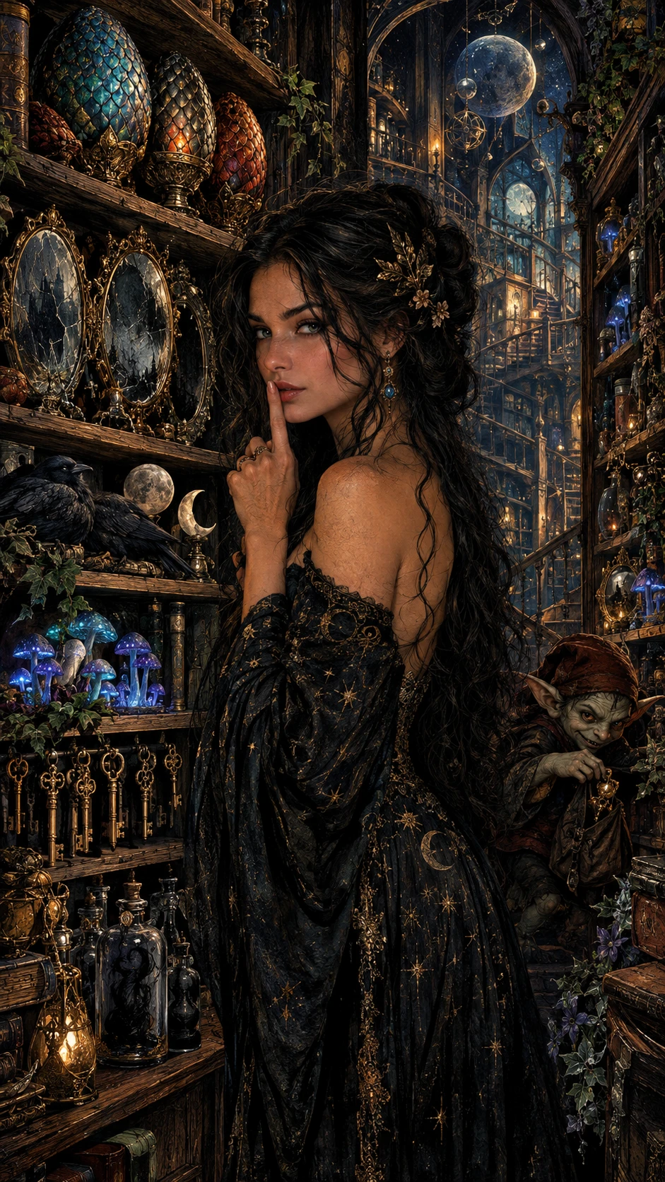 Mysterious Woman In A Surreal Library Of Enchanted Relics
