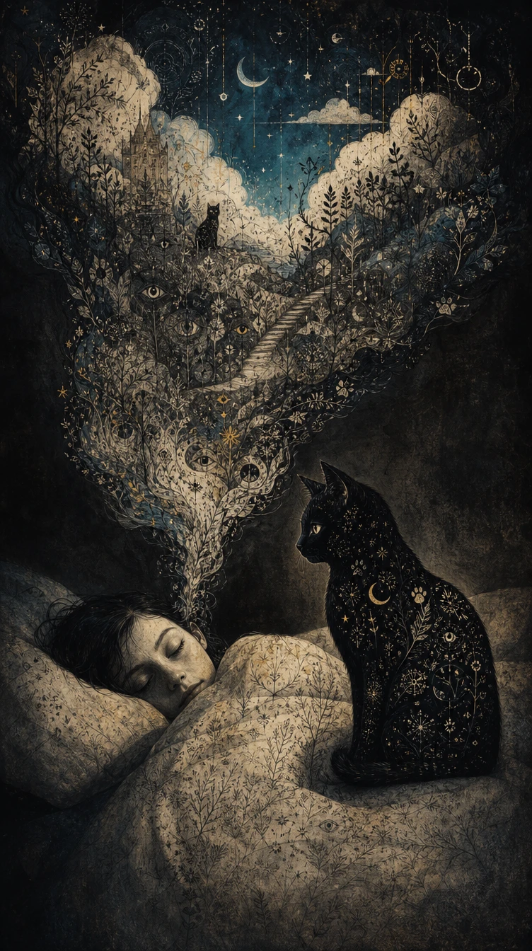Femme endormie avec un chat noir vigilant dans une pièce sombre
