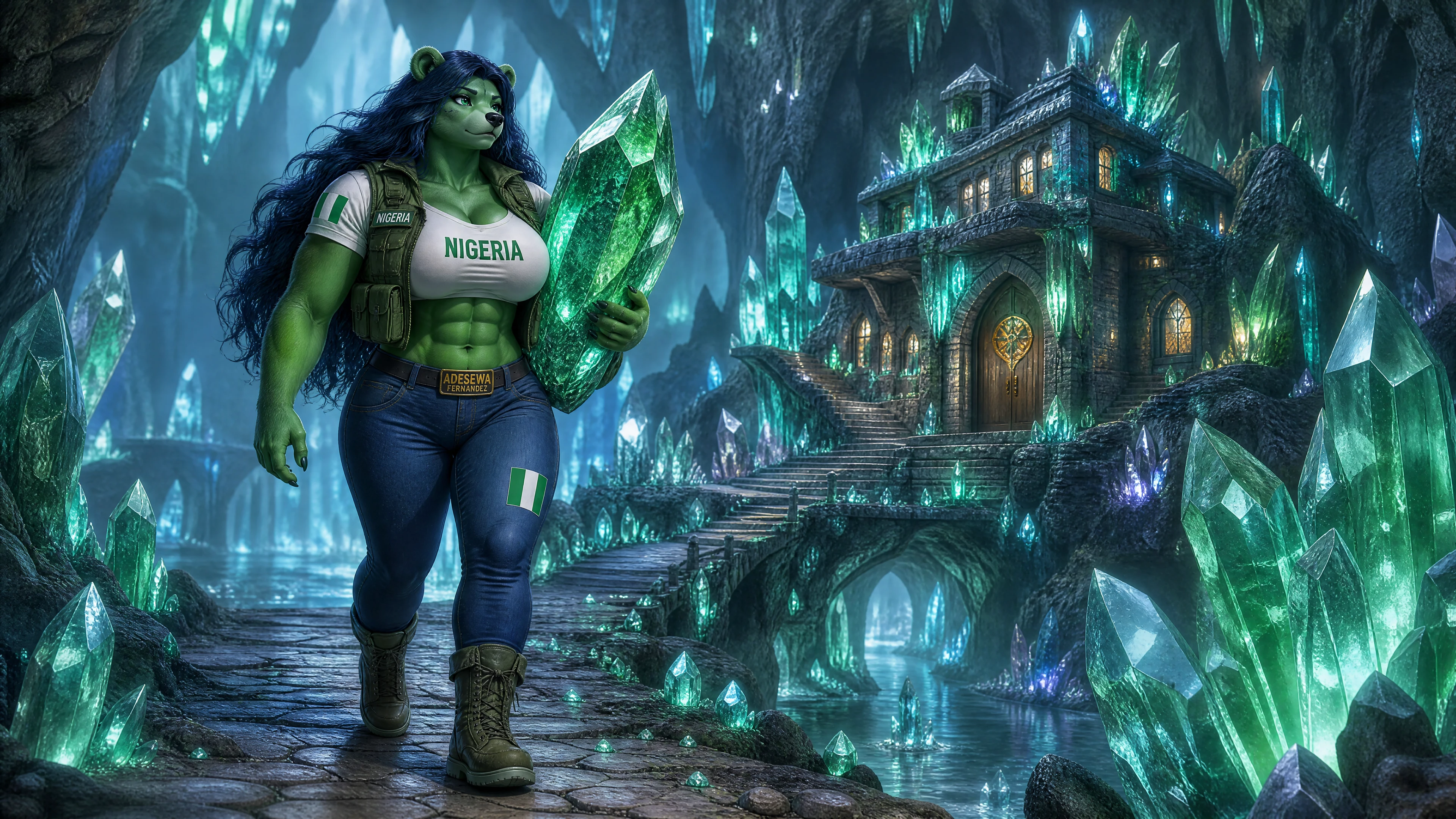 Tall Nigerian anthro woman carrying a crystal in cave