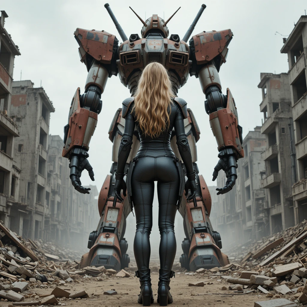 Piloto mulher enfrenta mecha gigante em cidade futurista em ruínas