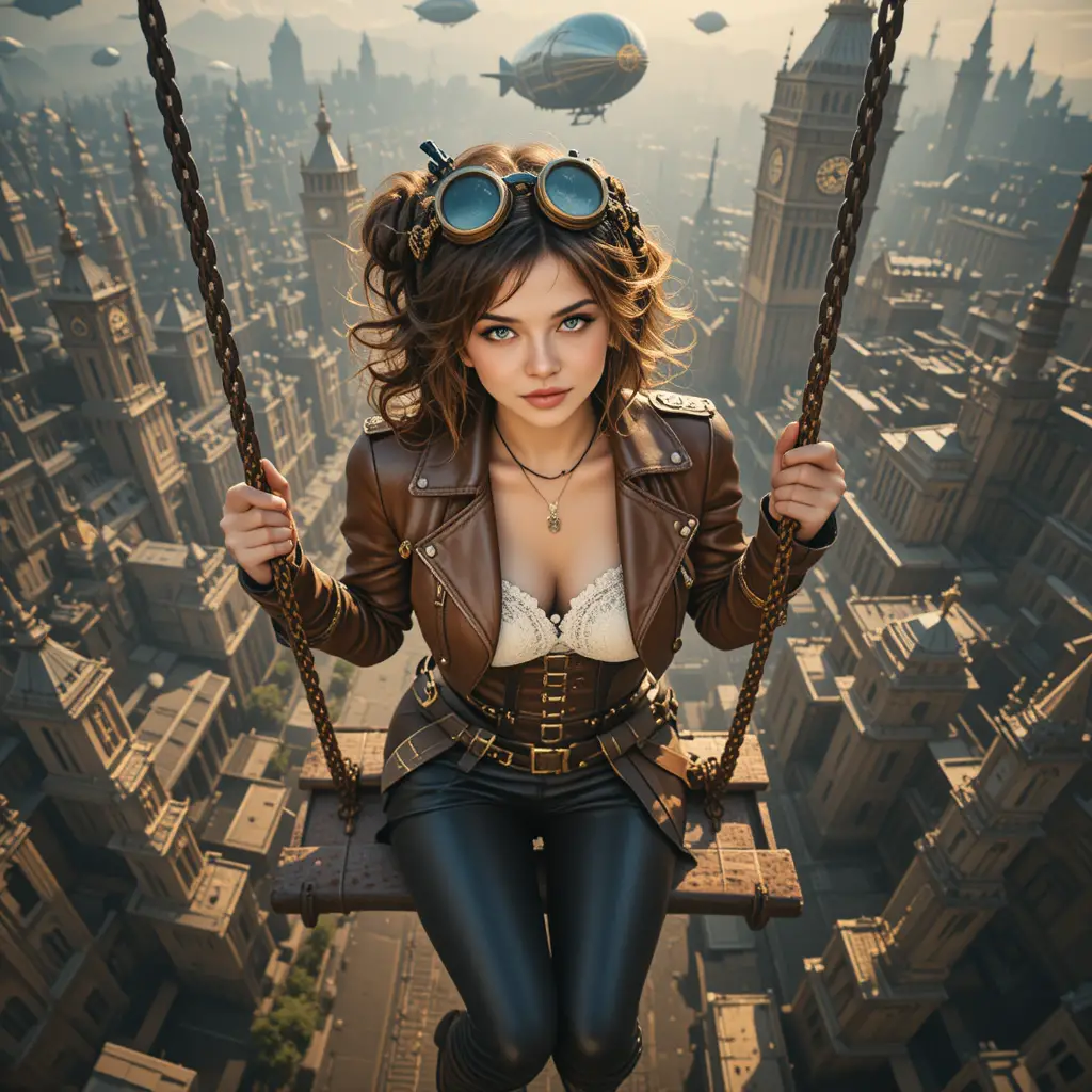 Steampunk woman on a metal swing above vast fantasy city