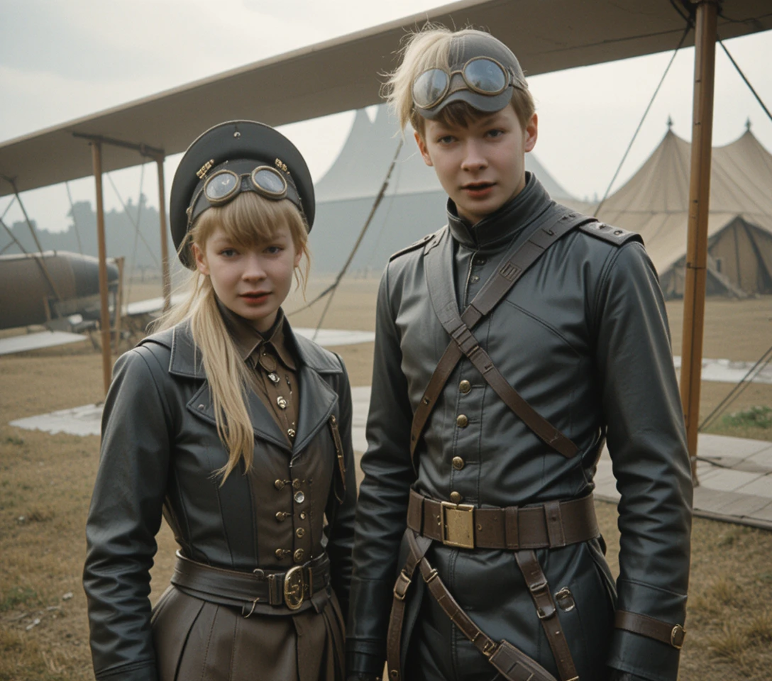 Brunette aviator and blonde woman on a vintage airfield