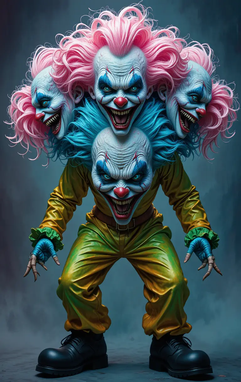 Grotesque multi headed clown in vivid twisted colors