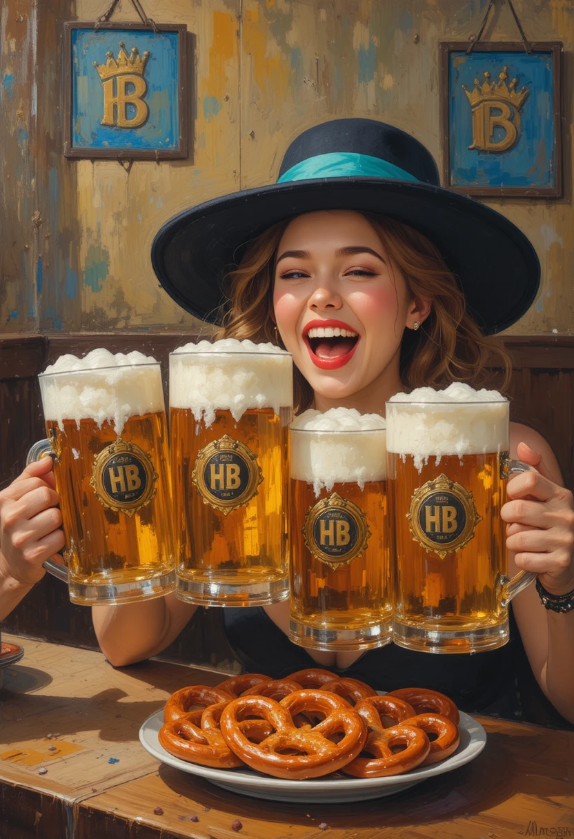 Mulher alegre brindando com cerveja em pintura a óleo quente