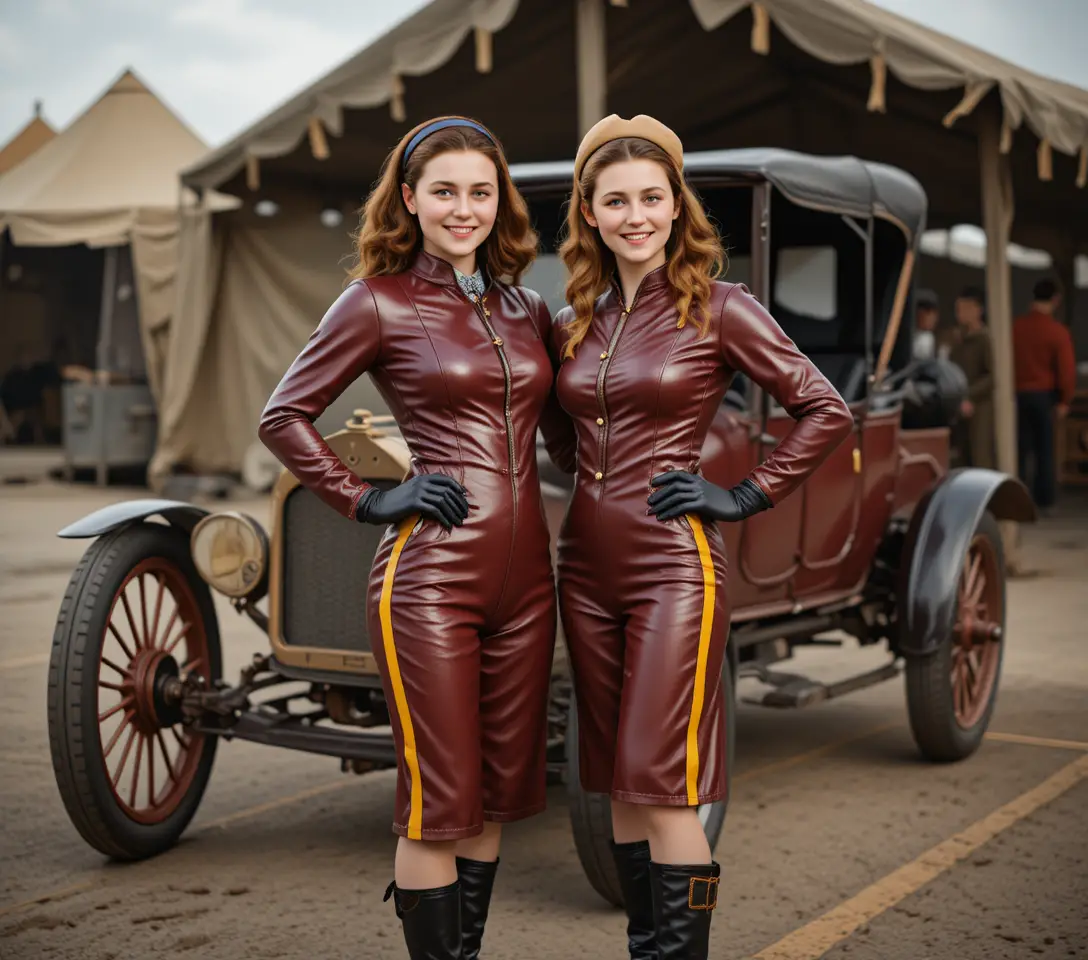 Donne eleganti che posano come piloti su un circuito vintage