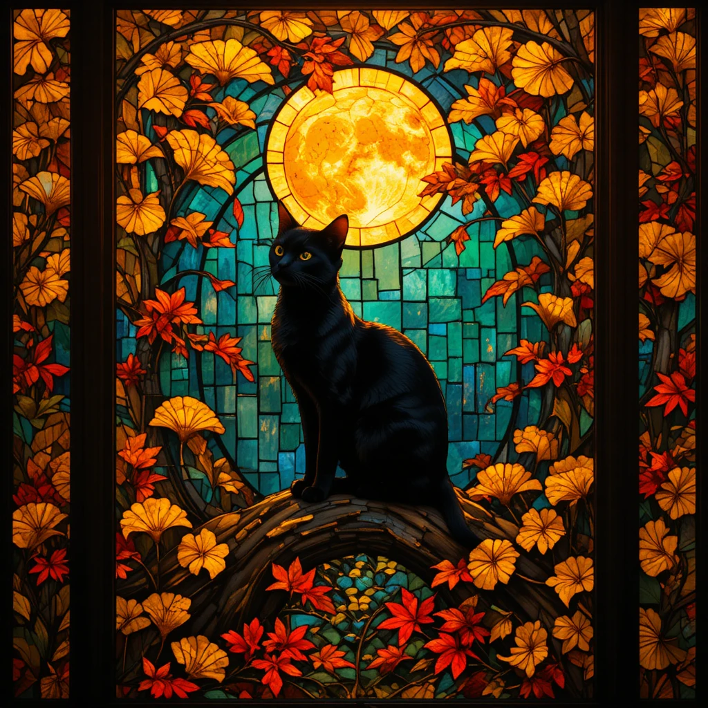 Gato preto em vitral art nouveau ao luar de outono