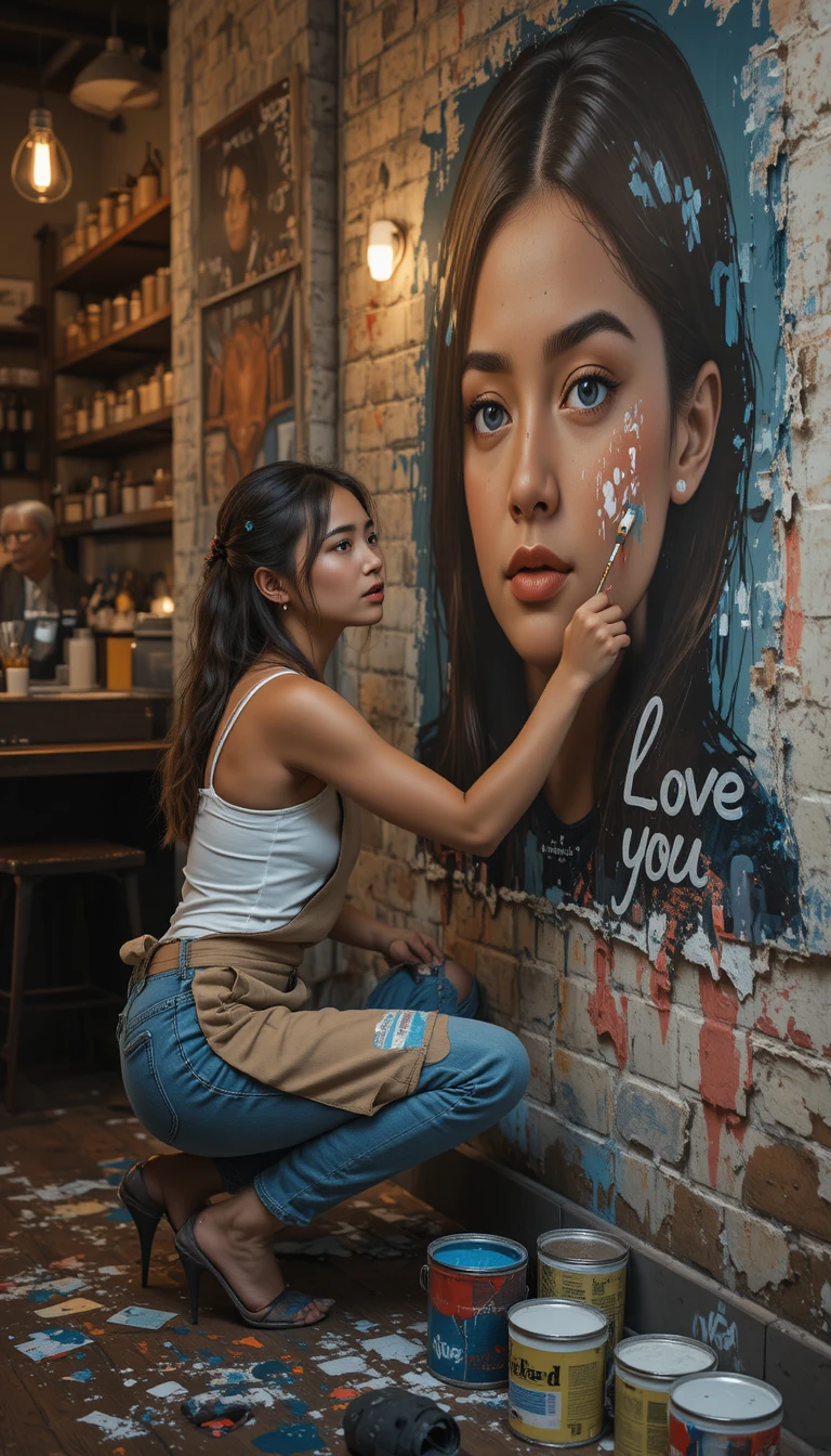 Mulher pintando um mural com retrato em um café aconchegante
