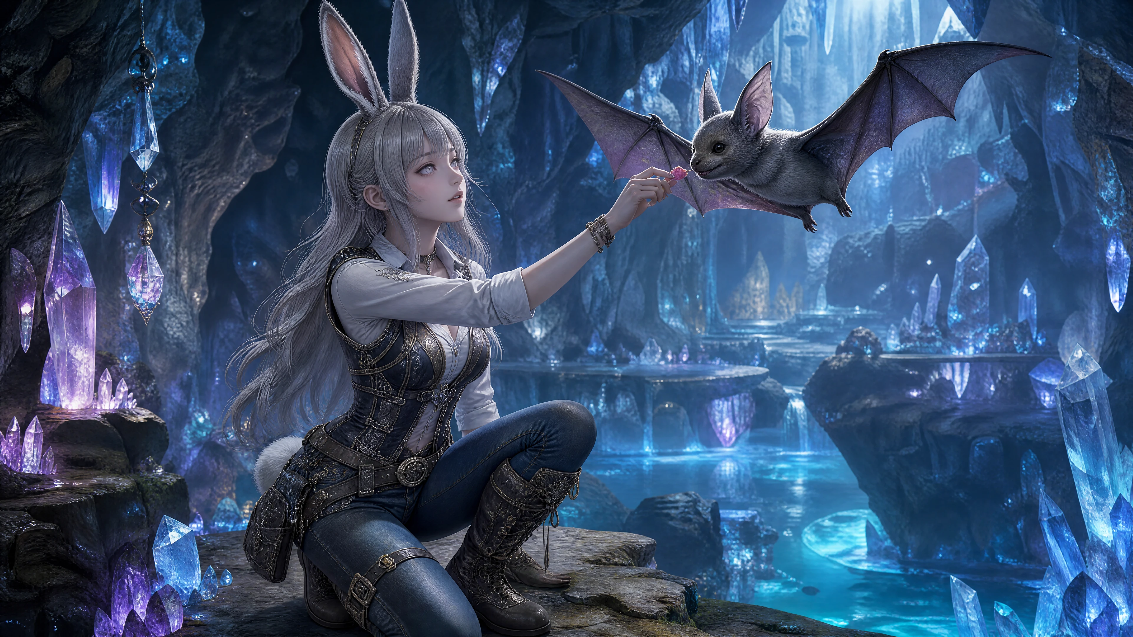 Fantasy woman with rabbit ears feeding a bat in cave