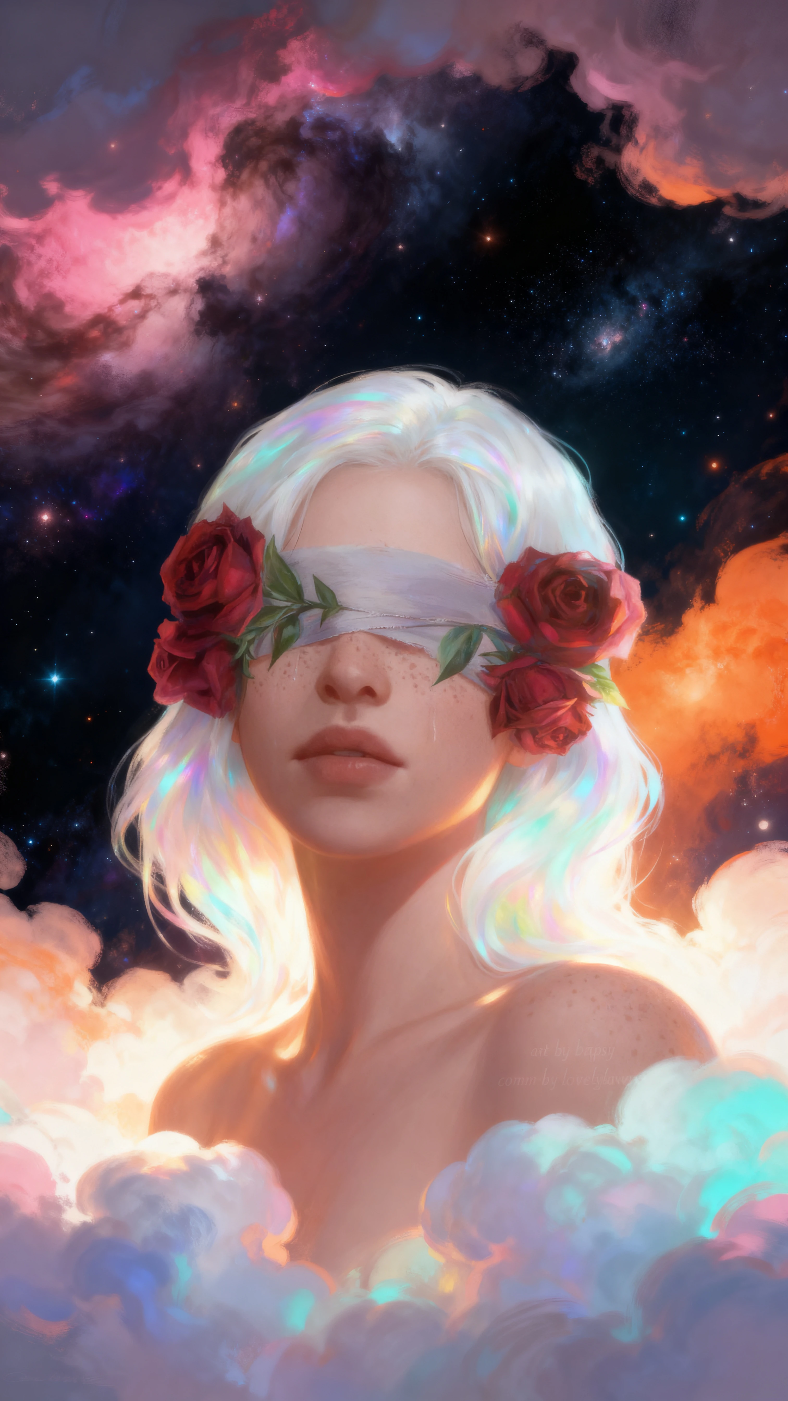 Retrato etéreo de garota com cabelo em forma de nuvem no espaço cósmico