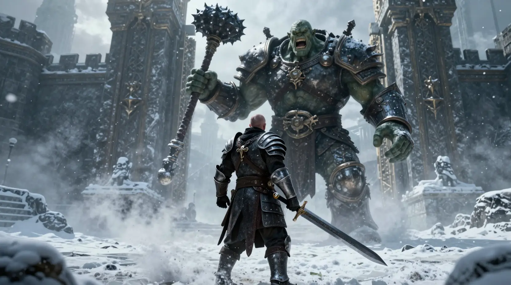 Human warrior faces roaring orc before ancient fortress gate