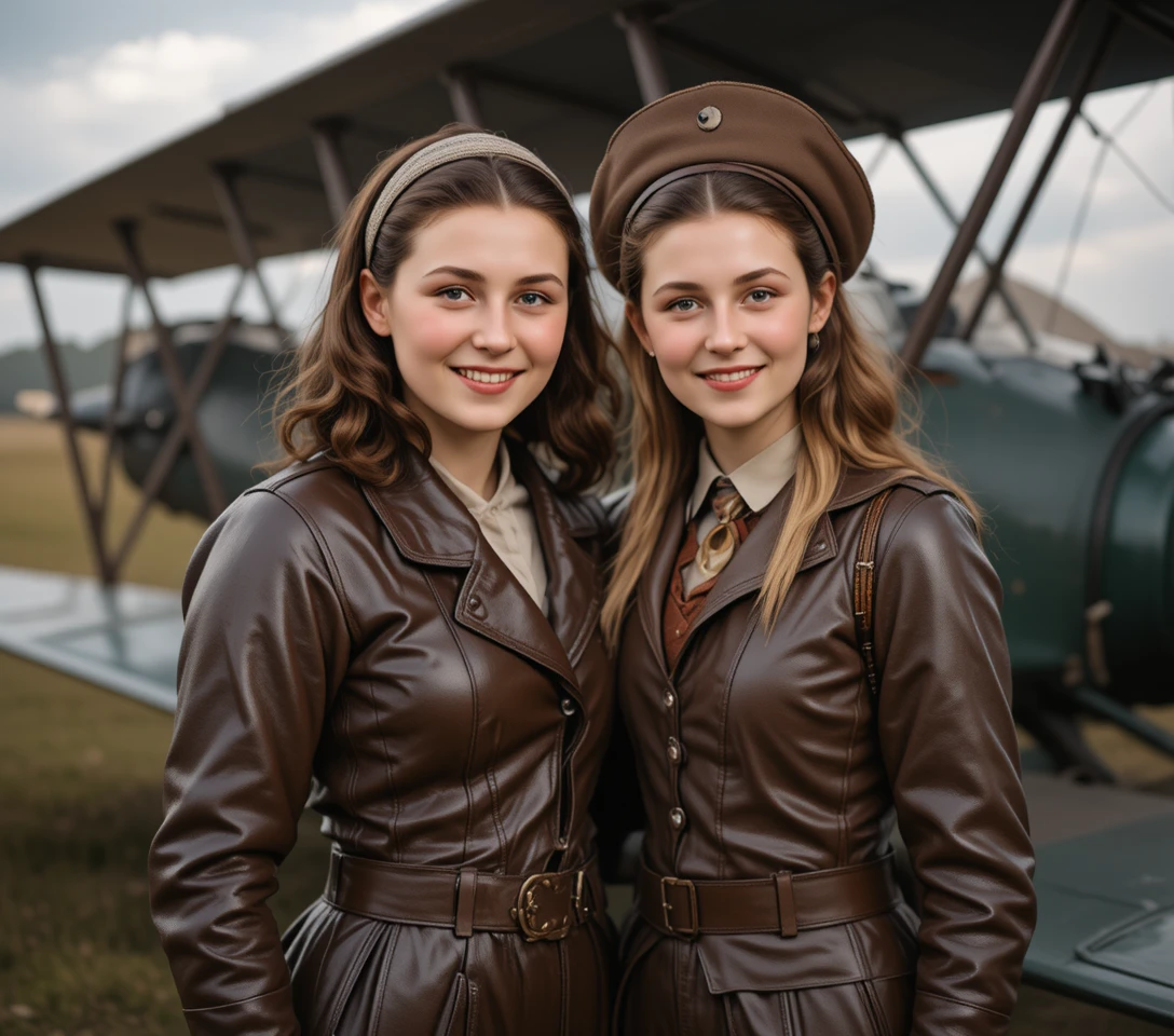 Brunette aviator and blonde lady standing on a vintage airfield