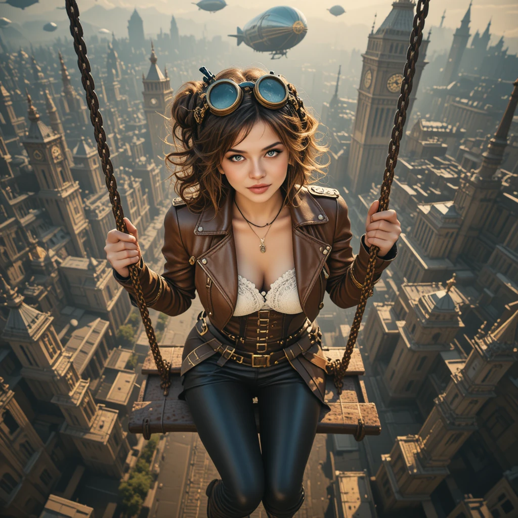 Donna steampunk su un’altalena di metallo sopra un’immensa città fantasy