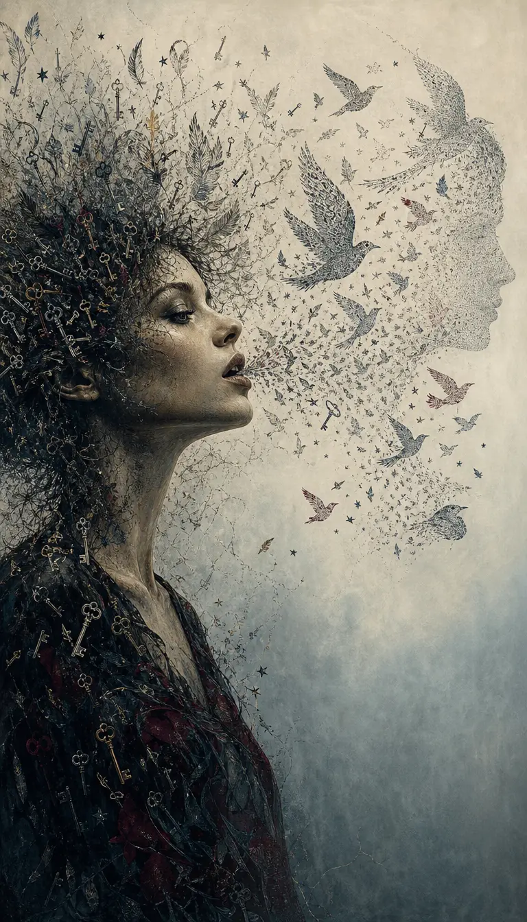 Woman in profile releasing a flock of symbolic birds