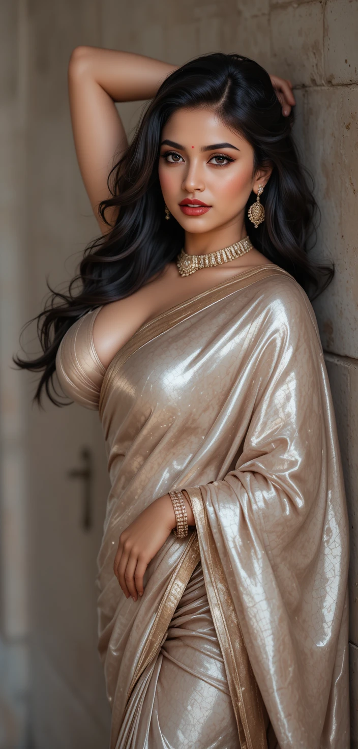 Mulher indiana sedutora em saree brilhante encostada à parede