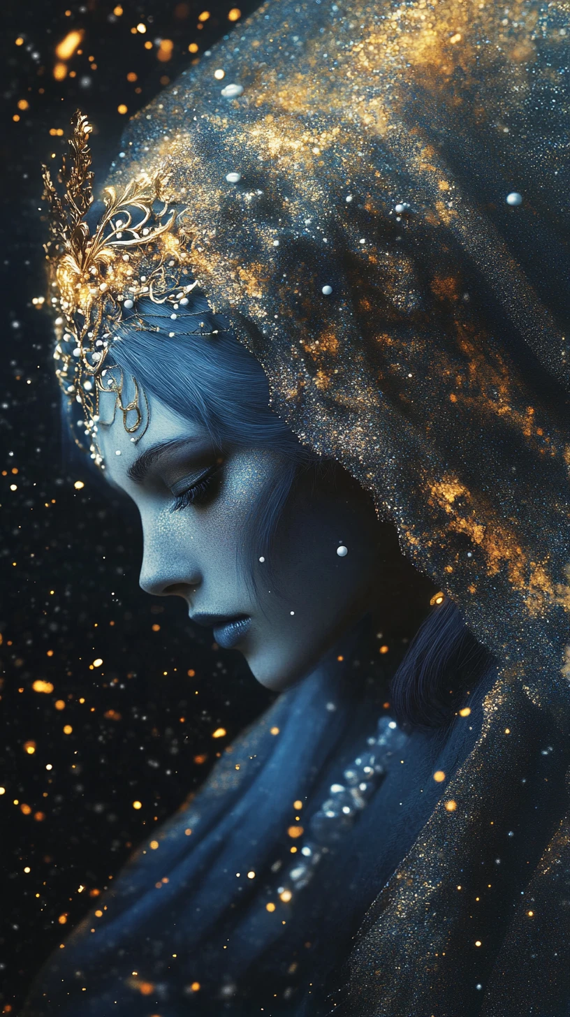 Mistica donna dalla pelle blu incoronata d’oro e perle