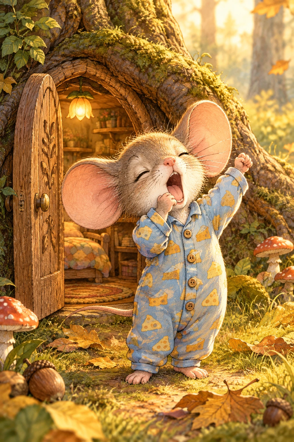 Sleepy mouse stretching at the door of a tree home
