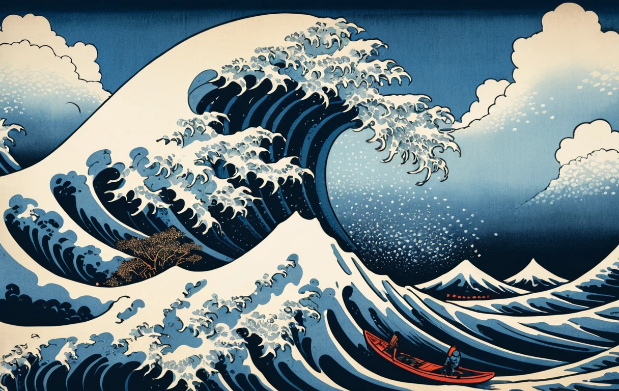 日本浮世繪風格中的巨浪衝浪者