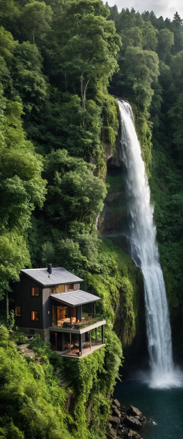 Winziges Haus über den Wolken neben Wald und Wasserfall