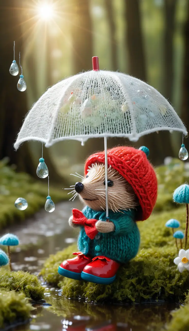 撐著藍色雨傘散步的奇幻編織刺蝟