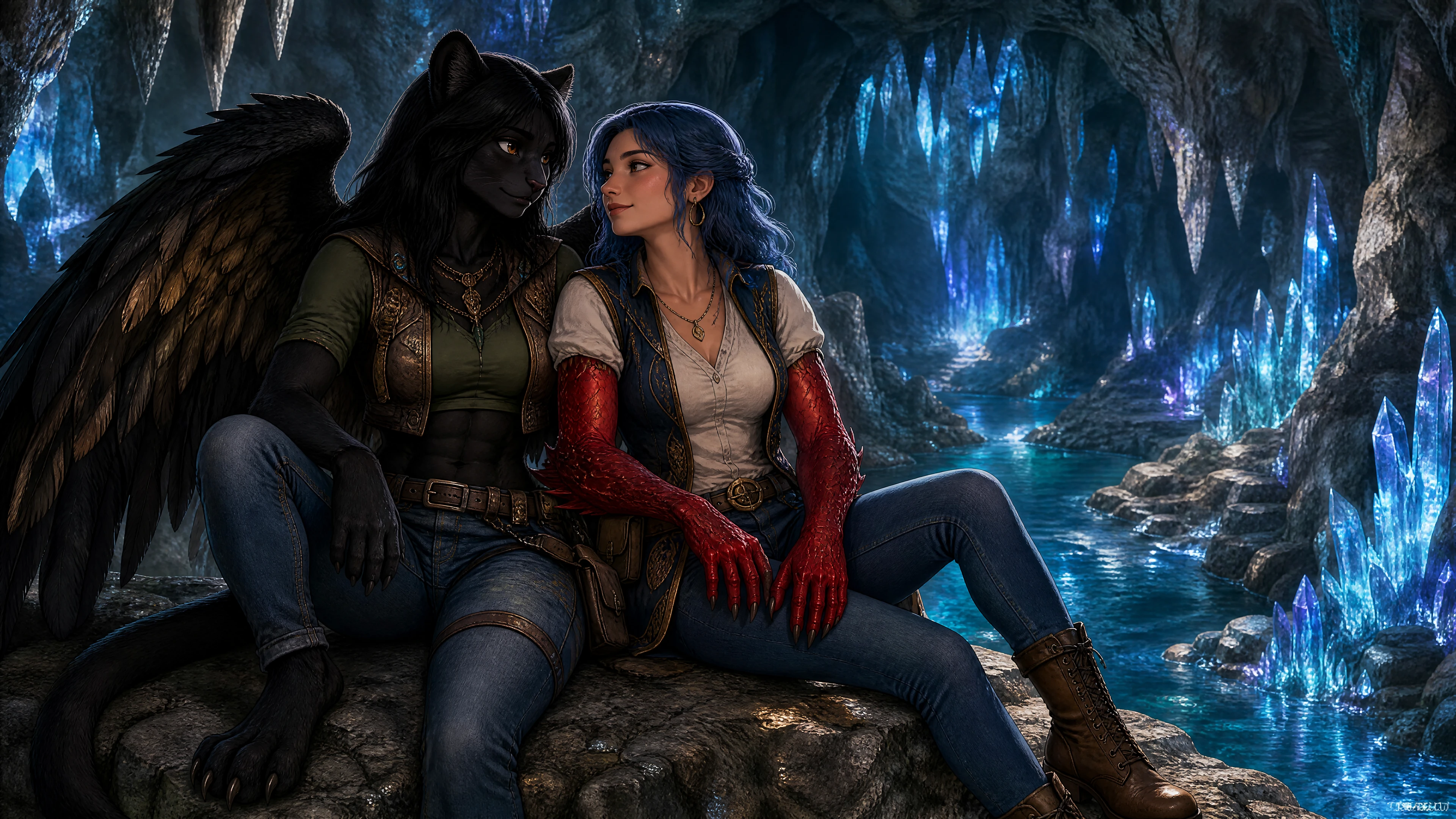 Two fantasy women sitting above a crystal cavern river