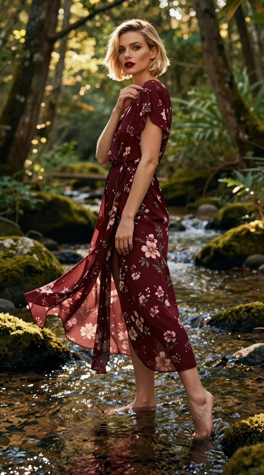 Elegante donna in abito rosso in un ruscello nel bosco