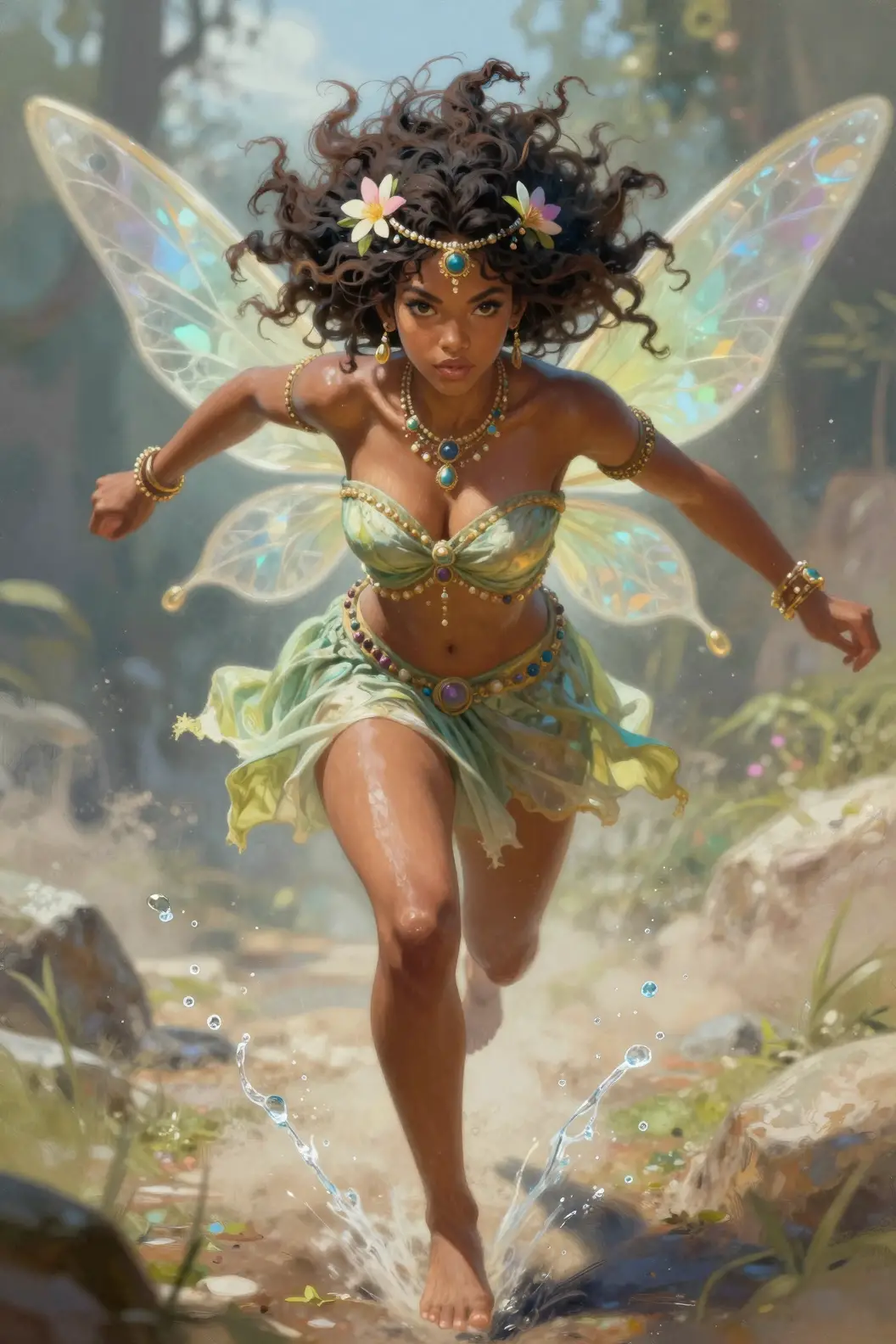 Nubian fairy girl sprinting barefoot through shimmering summer water