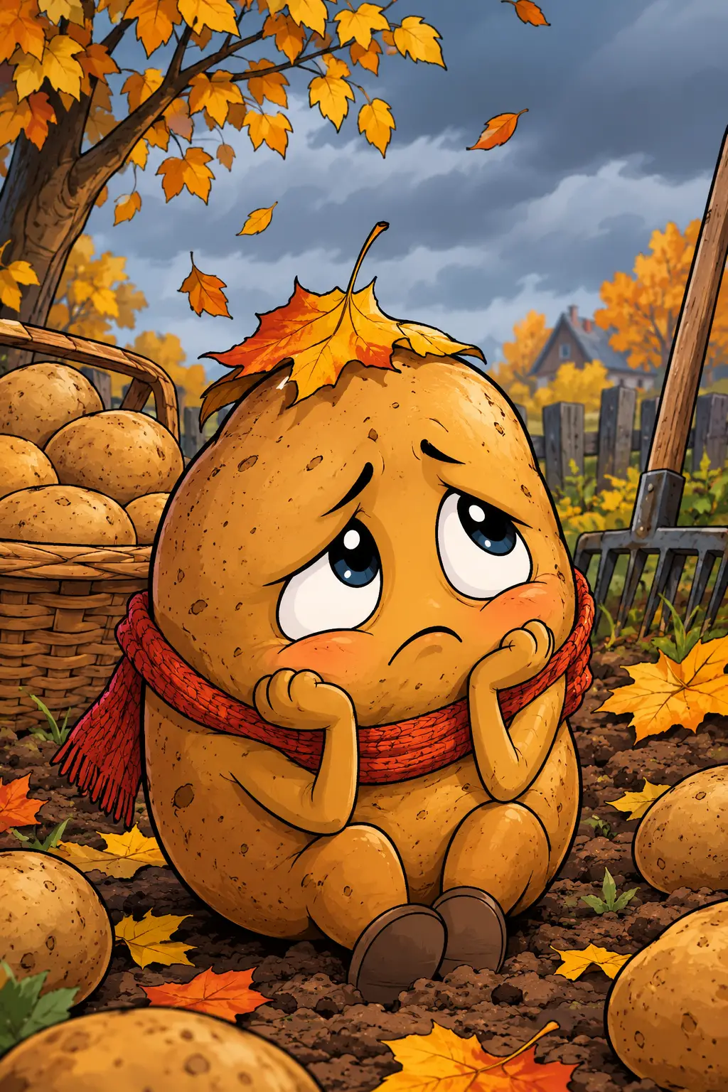 Batata em desenho animado com olhos tristes em estilo de quadrinhos clássico