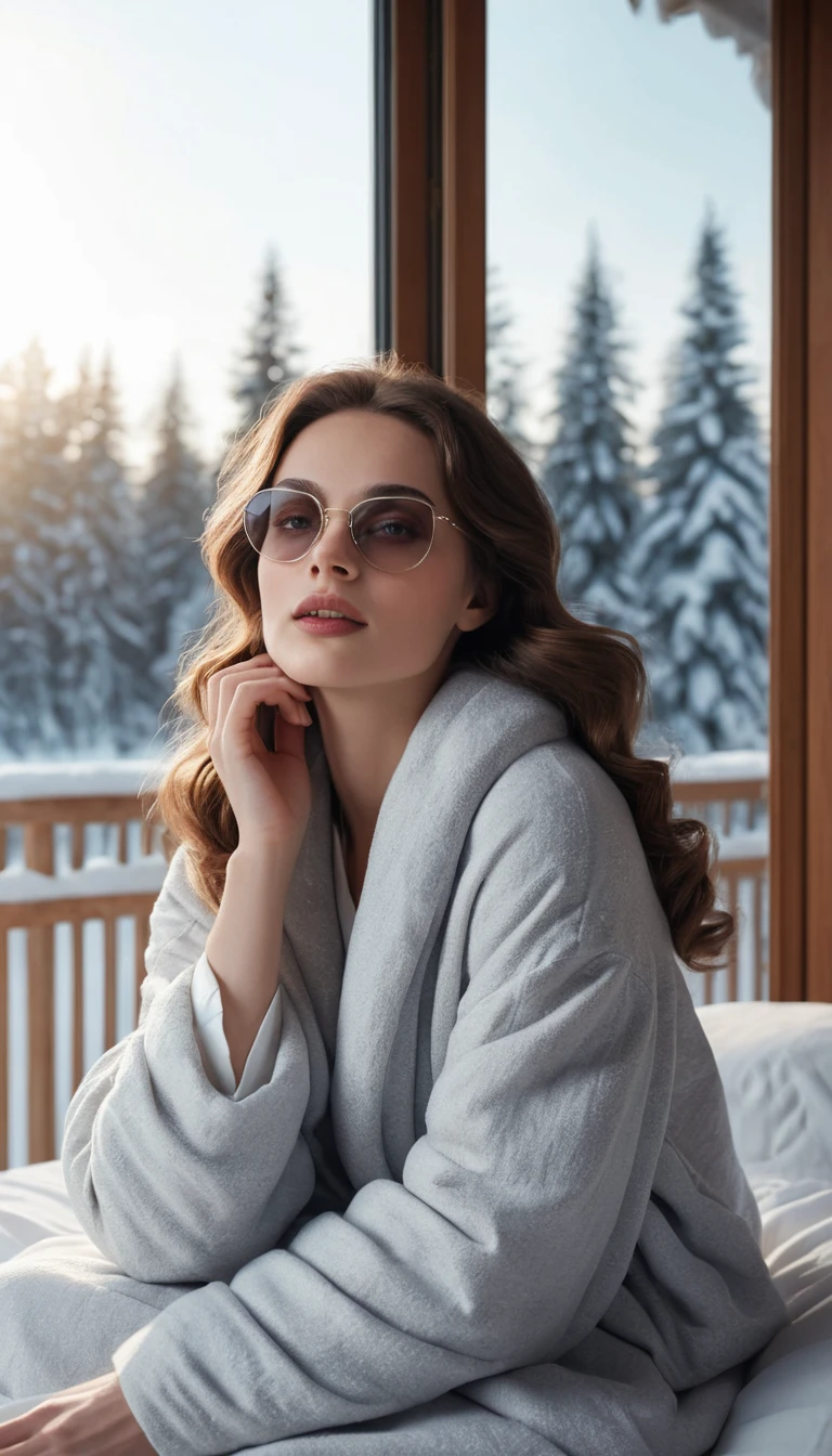 Mulher em edredom branco relaxando em terraço de inverno