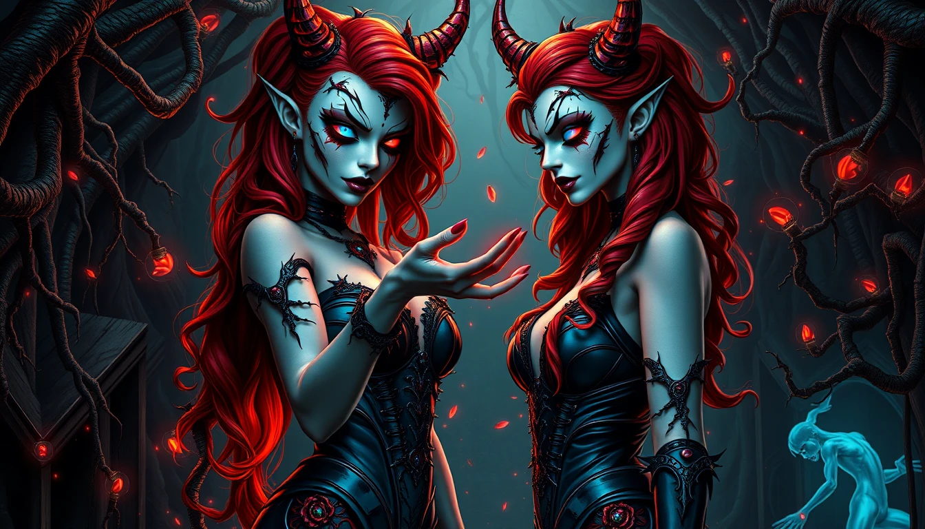 Mulheres demoníacas se enfrentando em um submundo surreal