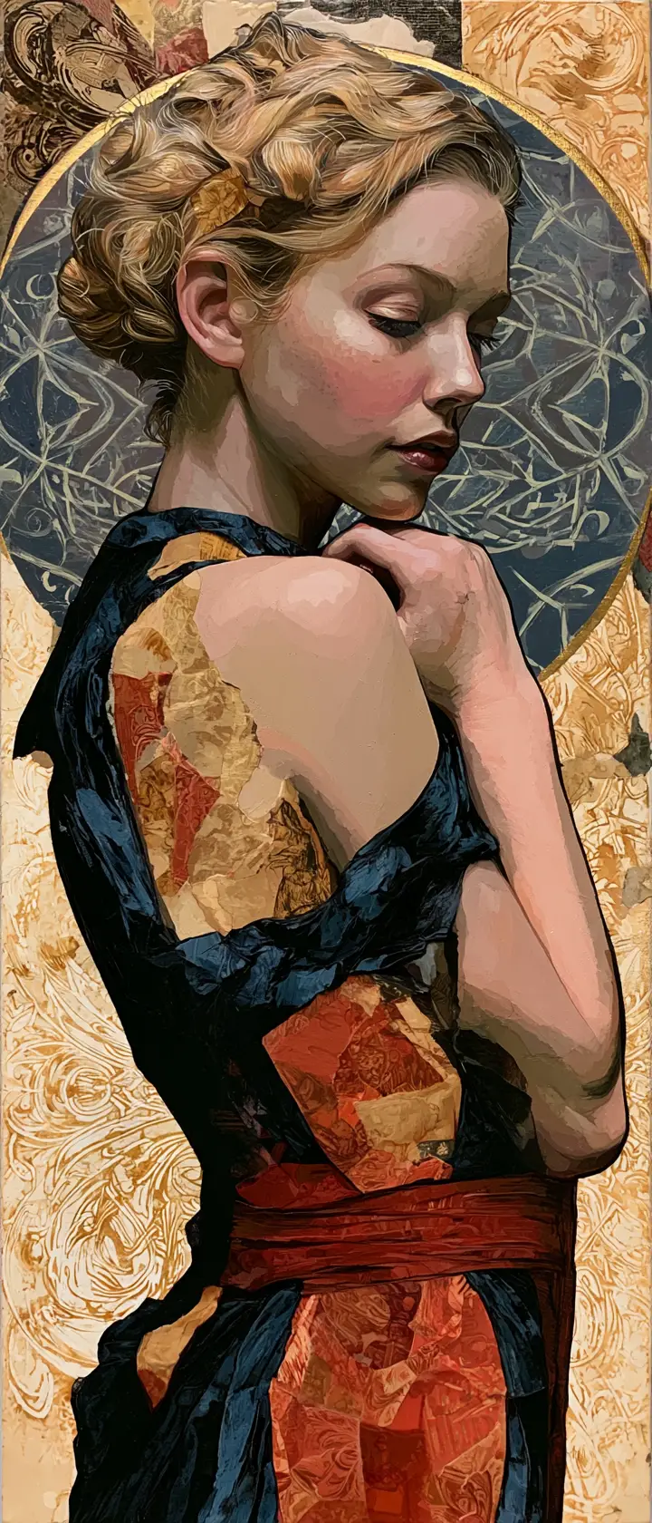 Mixed media painting with luminous collage and ink details