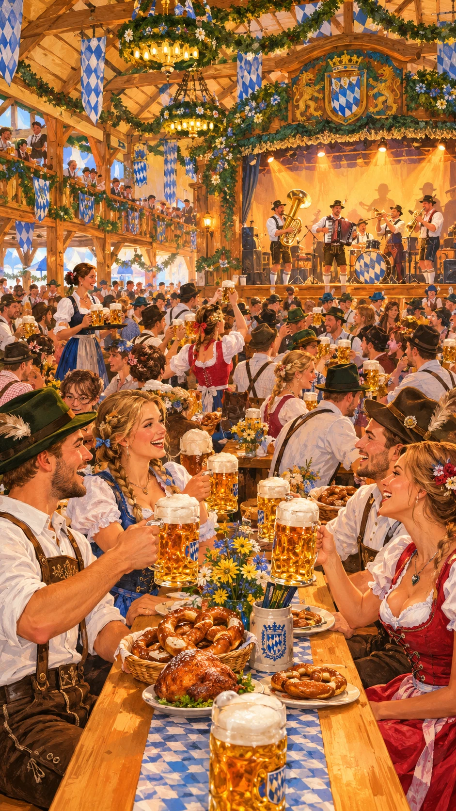 Fröhliche Menge in bayerischer Bierhalle feiert das Oktoberfest