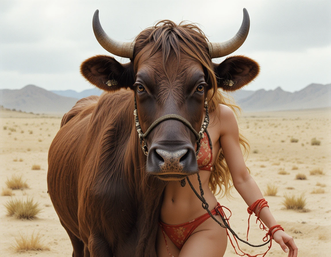Primer plano de una vaca marrón en un paisaje desértico